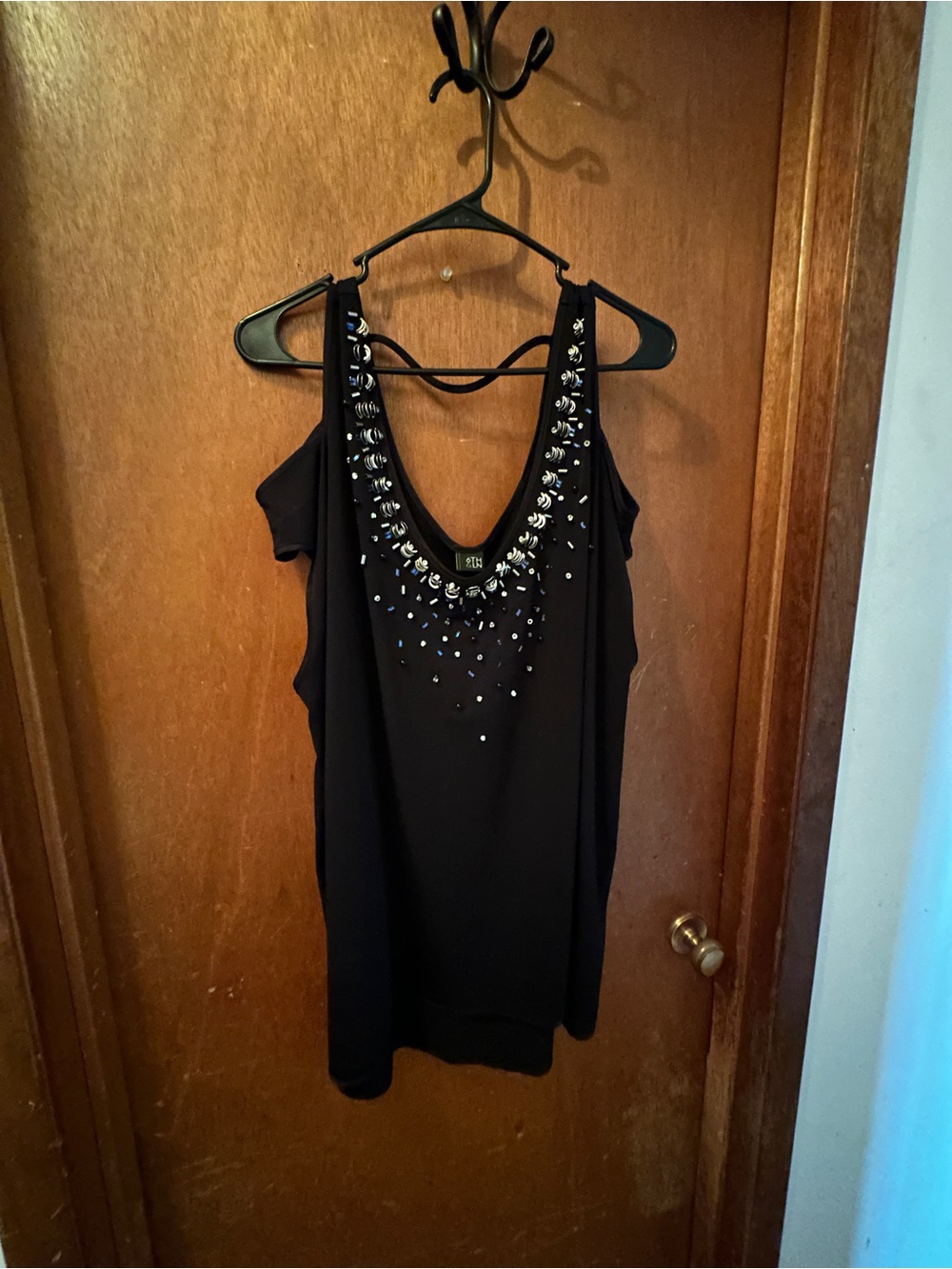 Black Cold-Shoulder Tank Top with Beaded Neckline
